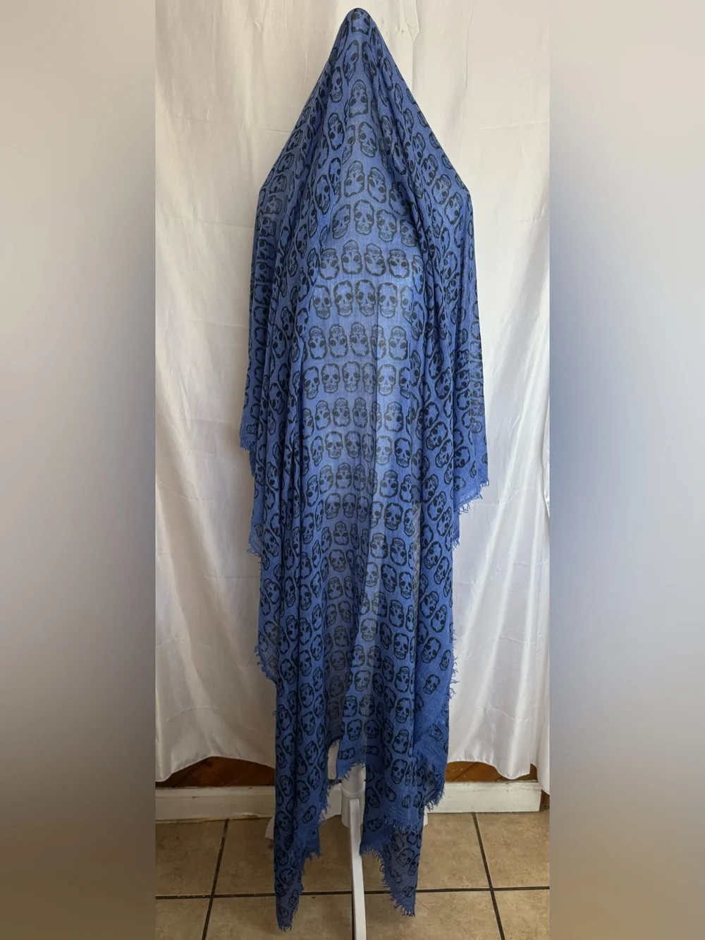 Zadig & Voltaire Blue Skull Print Frayed Edge Scarf